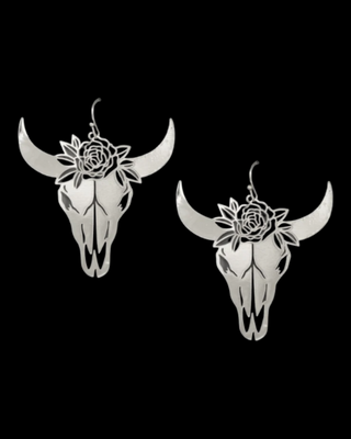 Silver colored die-cut steer earring