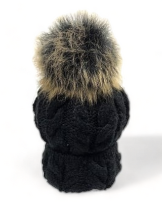 Black cable knit hat with pom