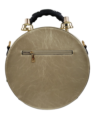 Gold circular shaped handbag/crossbody back with zipper pocket