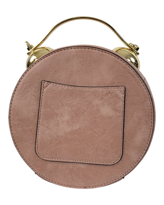 Pink circular handbag with a pocket