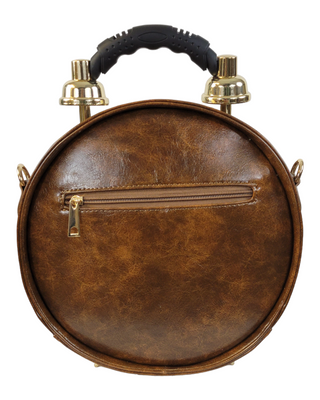 Brown circular shaped handbag/crossbody back with zipper pocket