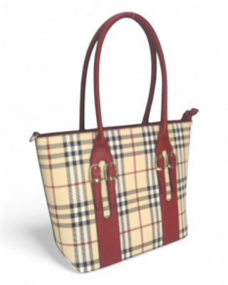Plaid handbag with red accents on a white background