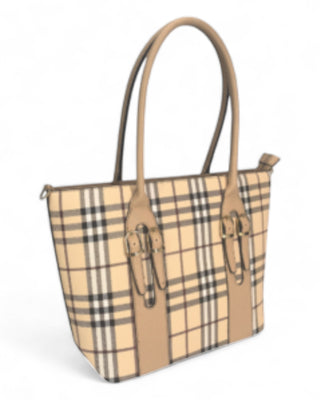 Beige checkered handbag with brown straps on a white background