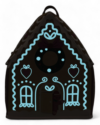Front view of a gingerbread house-themed backpack with glowing blue accents, featuring a candy-decorated door and windows. 