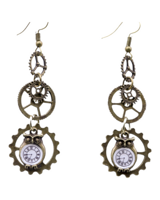 Drop earrings made from gears and a decorative owl clock