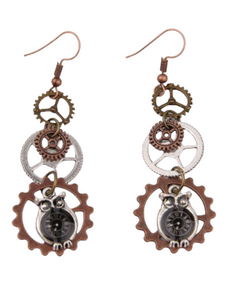 Drop earrings made from gears and a decorative owl clock