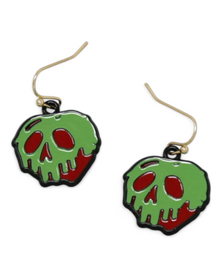 Green skull-shaped earrings with red centers on a white background