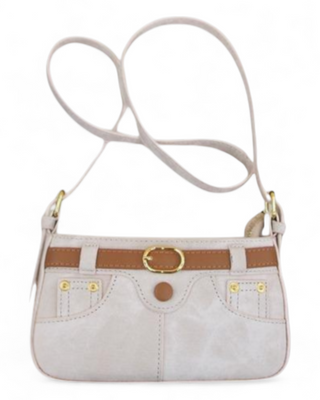 Light-colored handbag with a brown belt and strap on a white background