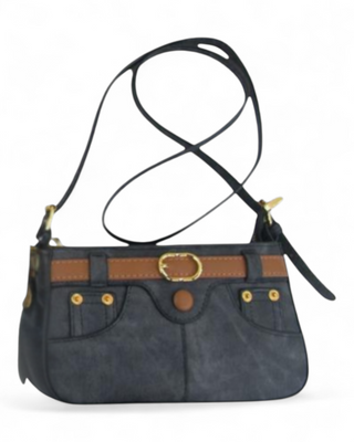 Black denim handbag with brown accents on a white background