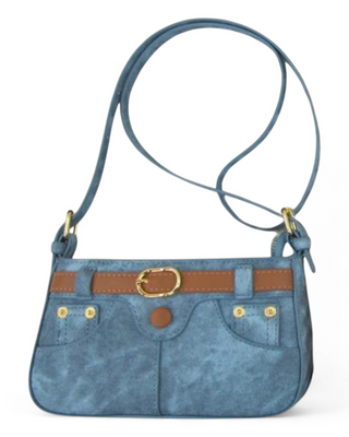 Blue denim handbag with a brown belt and gold buckle on a white background