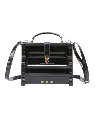 An elegant black structured handbag with a glossy finish and crocodile texture, featuring gold-tone hardware accents and a detachable shoulder strap.