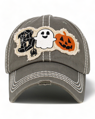 Grey - Baseball Cap with patch and the word boo spelled out with a spider web, pumpkin, ghost