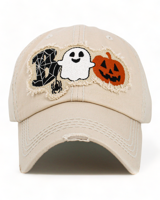 Hjaki - Baseball Cap with patch and the word boo spelled out with a spider web, pumpkin, ghost