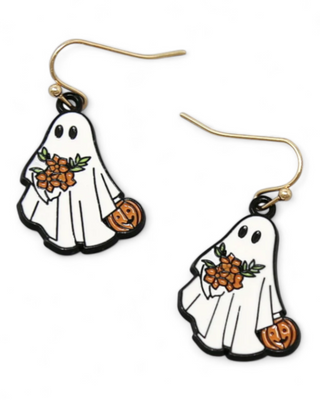 Halloween-themed ghost earrings with pumpkins and flowers on a white background