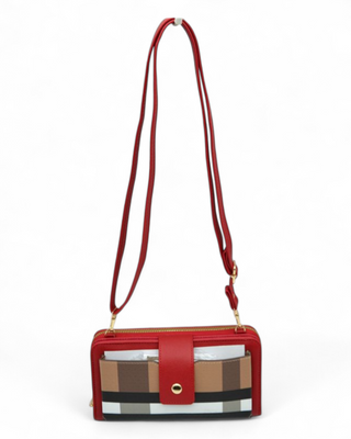Red crossbody bag with a striped pattern on a white background
