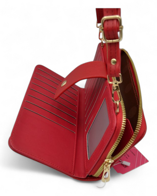 Red handbag with gold accents on a white background