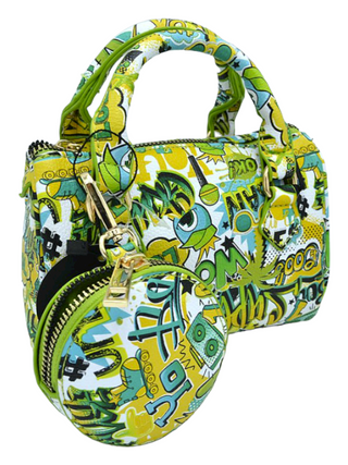 Green/Black/White barrel bag, graffiti design with matching coin purse