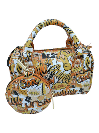 Orange/Black/White barrel bag, graffiti design with matching coin purse