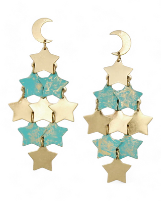 Elegant dangling earrings with a golden crescent moon at the top and a cascade of stars below in patina and gold