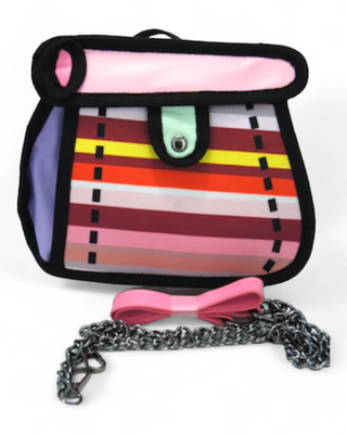 Cartoon-style handbag with pink, red, and yellow stripes, thick black outlines, and a silver chain strap.