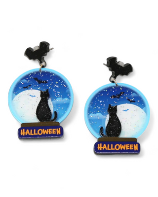 Black cat and moon Halloween-themed earrings with bat accents.