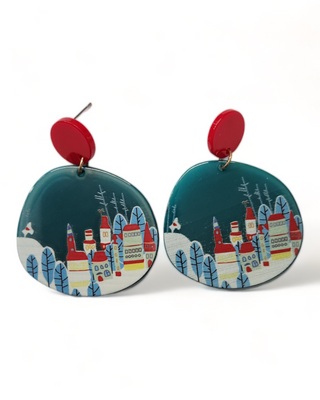Round Christmas Village Earrings