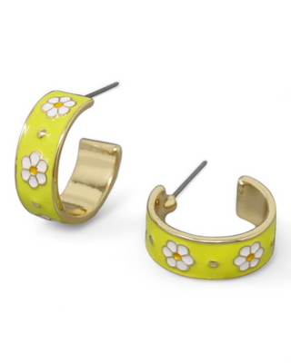 Yellow hoop earrings with a daisy flower pattern and gold accents.