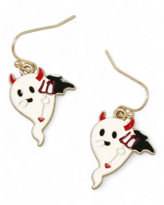 Pair of ghost-shaped earrings with red horns and black accents on a white background