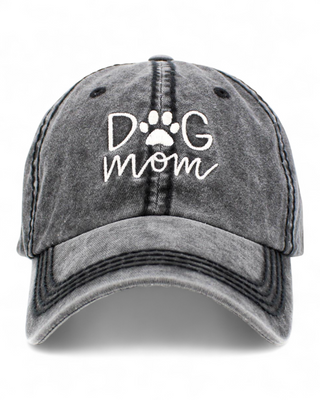 Gray cap with 'DOG MOM' text and paw print on a white background