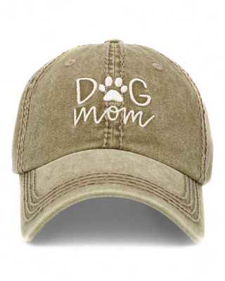 Khaki cap with 'Dog Mom' and paw print design on a white background