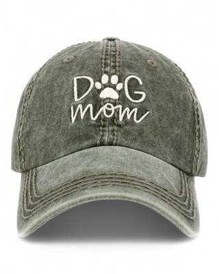 Olive cap with 'Dog Mom' and paw print design on a white background