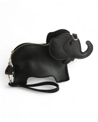Black elephant-shaped purse on a white background