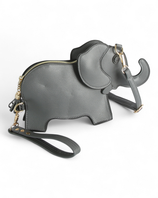 Gray elephant-shaped purse with a gold zipper on a white background