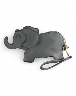 Gray elephant-shaped purse on a white background
