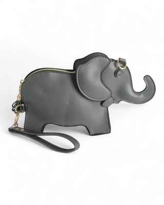 Gray elephant-shaped handbag on a white background