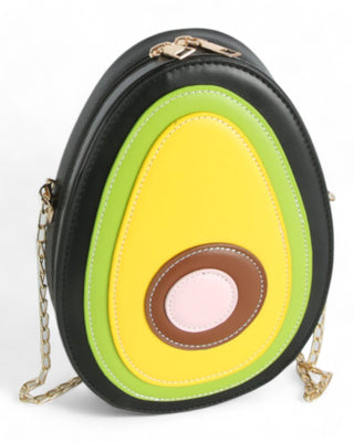 Avocado-shaped crossbody bag with stitched layers and a chain strap