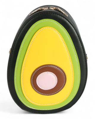 Avocado-shaped crossbody bag with stitched layers and a chain strap