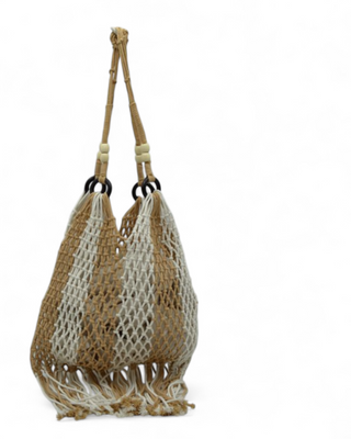 Net bag with drawstring and handles on a white background