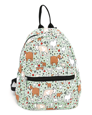 Backpack with a playful goat pattern in various colors and a front zip pocket.