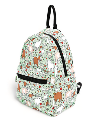 Backpack with a playful goat pattern in various colors and a front zip pocket.