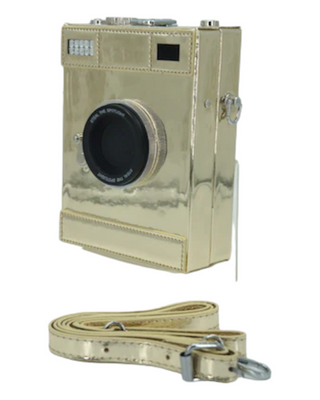 gold camera shaped crossbody pocketbook