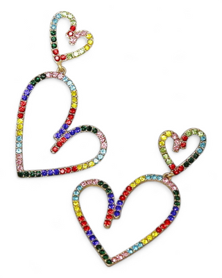 Pair of double heart-shaped drop earrings outlined in multicolor pave stones on gold-tone metal.