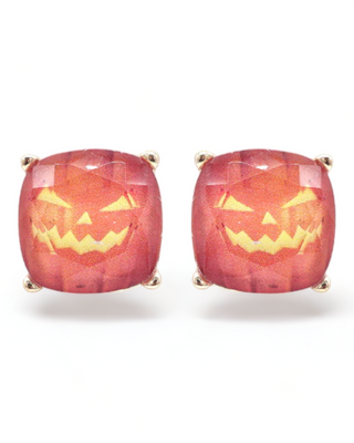 Square stud earrings featuring a bright orange Jack-o'-Lantern design set in a gold-tone metal frame