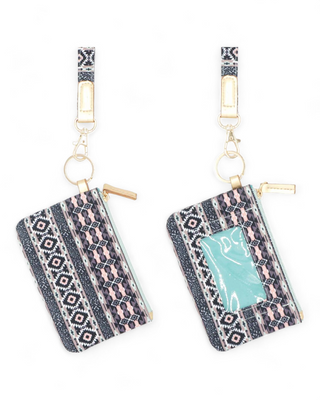 Textile ID holder with a rich tribal pattern in shades of blue,  pink and coral, equipped with a gold ring for keys and a clear front pocket for displaying identification cards.