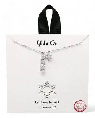 White gold-dipped "Yehi Or" necklace with Star of David and candle charm, displayed on packaging with the phrase "Let there be light - Genesis 1:3.