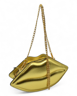 Gold metallic handbag with a chain strap on a white background