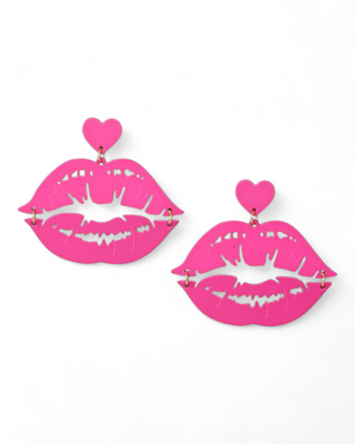 Pair of hot pink die-cut earrings shaped like lips with heart-shaped top posts.