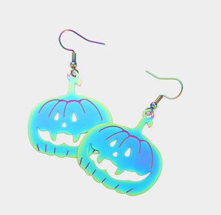 Metallic iridescent jack-o-lantern earrings with cut-out details.
