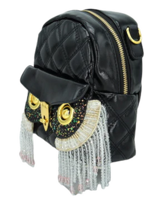 Black owl shaped backpack with shiny décor (side view)