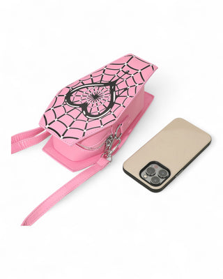 Pink phone case with heart and spider web design on a white background